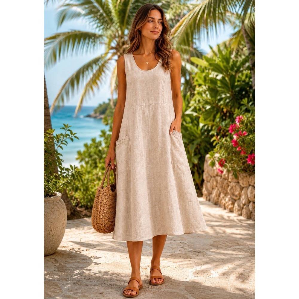 Lintico Women's 100% Linen Beige Swing Beach Tank Dress Giana Sz XL Sleeveless